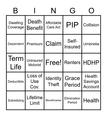 Chapter 9 Insurance Bingo Card
