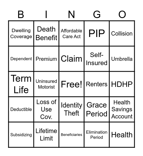 Chapter 9 Insurance Bingo Card