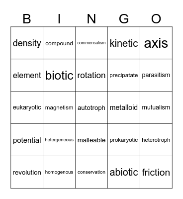 Science Vocab Bingo Card