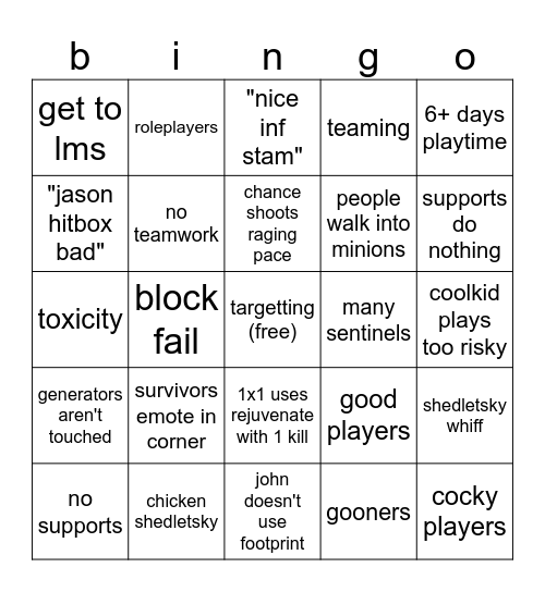 forsaken Bingo Card
