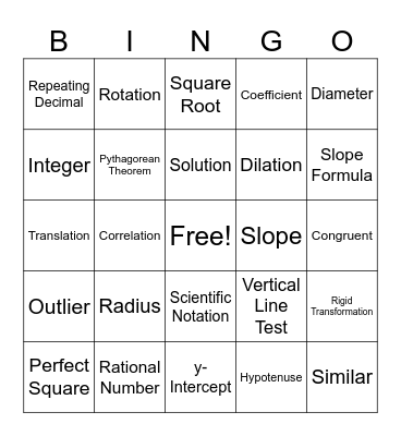 8th Grade Math Vocabulary Bingo Card