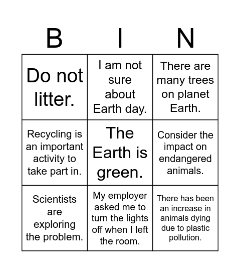 Formal/Informal BINGO Card