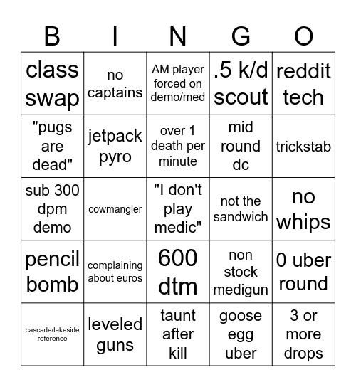TF2 Pick Up Game Bingo Card