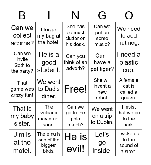 Open Syllable Sentence Bingo Card