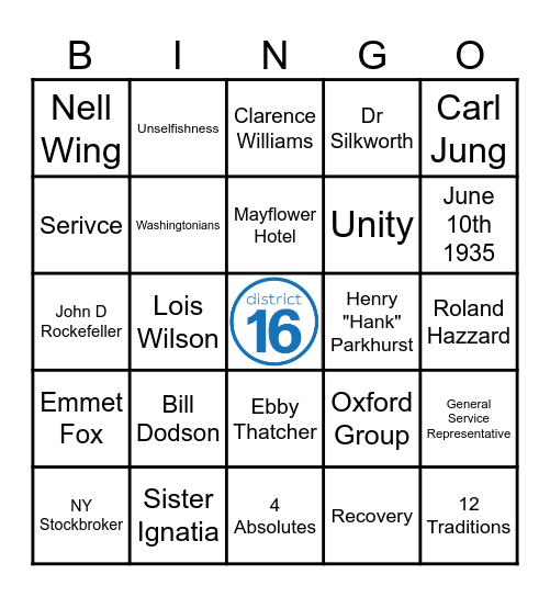 Alcoholics Anonymous Bingo Card