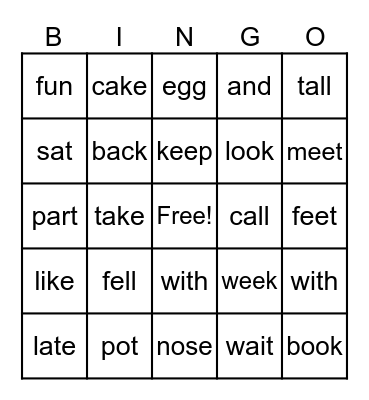 Sight Words Bingo Card