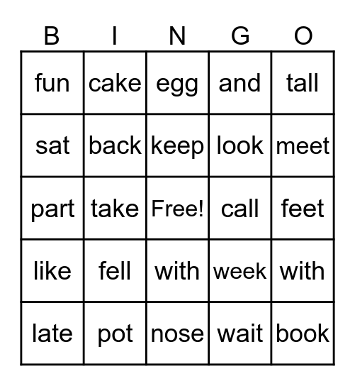 Sight Words Bingo Card