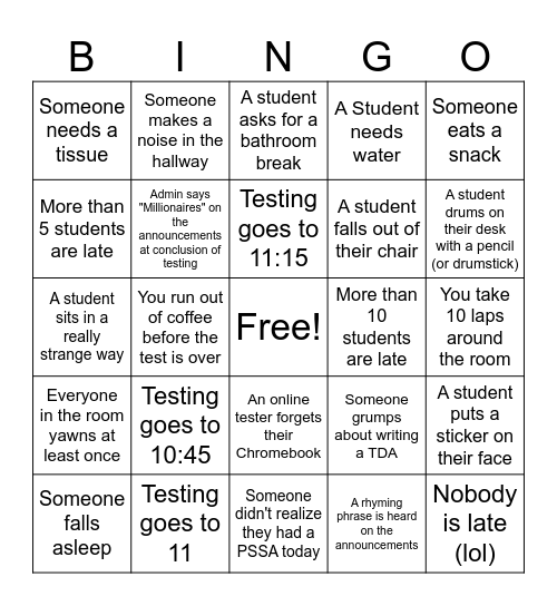 PSSA Bingo Card