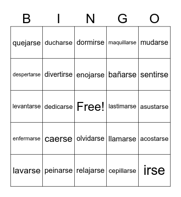 Reflexive Verbs Bingo Card