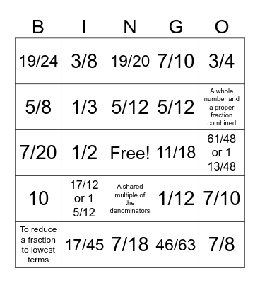 FractionsBingo Card
