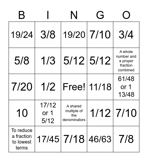 FractionsBingo Card