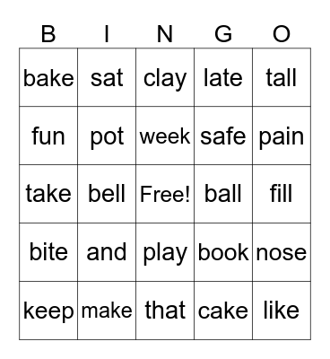 Sight Words Bingo Card