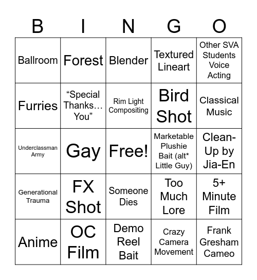 2025 Animation Celebration Screening Bingo Card
