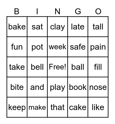 Sight Words Bingo Card