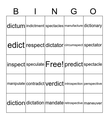 dict = speak  spec = see, look Bingo Card