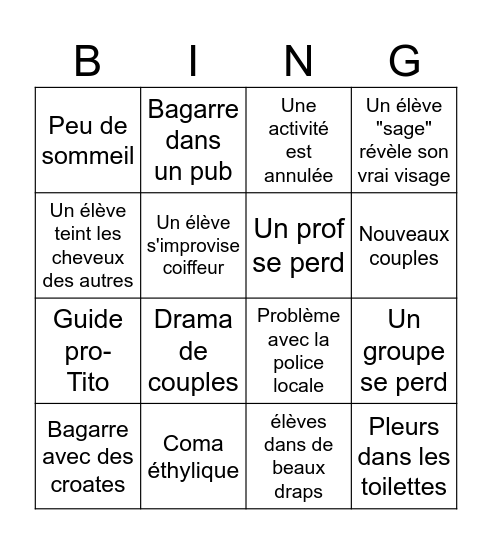 Voyage Croatie 2025 Bingo Card