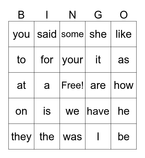 Sight Word Bingo Card