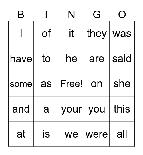 Sight Word Bingo Card