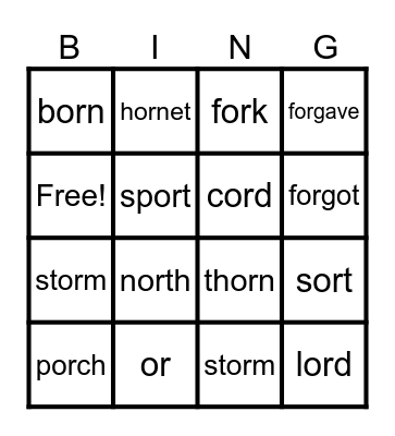 R- Controlled Vowel -or Bingo Card