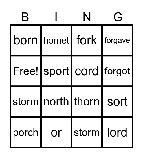 R- Controlled Vowel -or Bingo Card