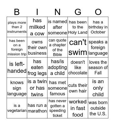 Find A Friend Who... Bingo Card