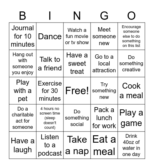 Mental Health Awareness Month Bingo Card