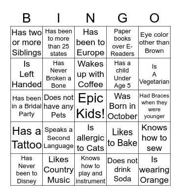 Epic Kids Bingo Card