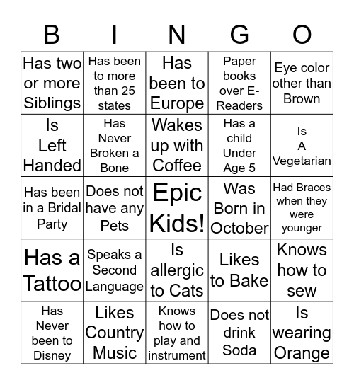 Epic Kids Bingo Card