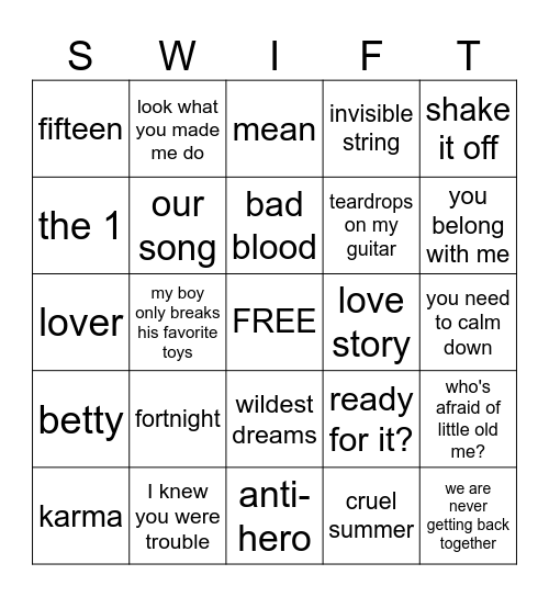 Taylor Swift Bingo Card