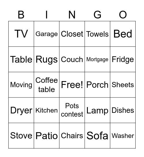 HOUSEWARMING Bingo Card
