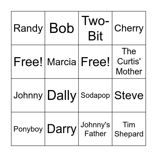 The Outsiders Character BINGO Card