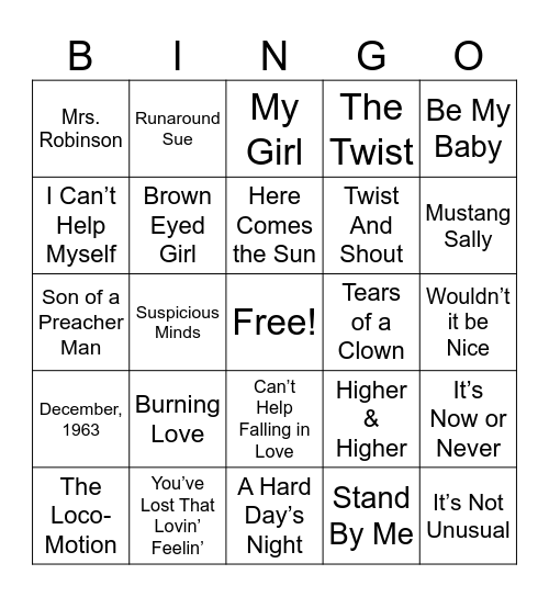 The 1960's Bingo Card