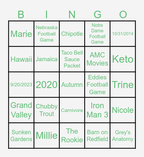 Autumn's Bridal Shower Bingo Card
