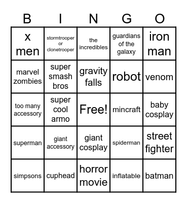 cosplay bingo Card