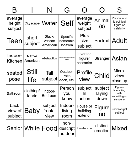 Subject Bingo Card