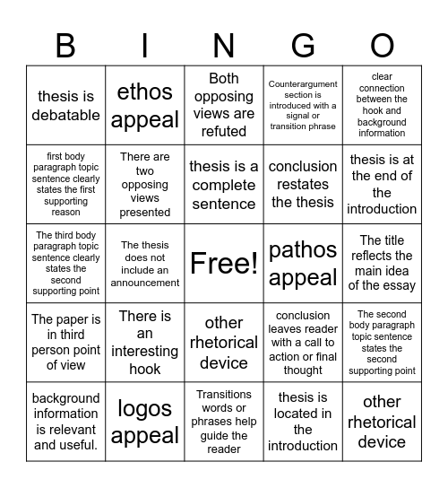 Argumentative Essay Bingo Card