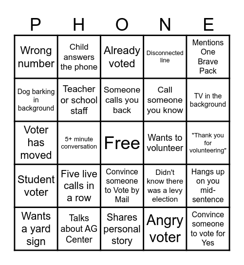 Phone Bank Bingo Card