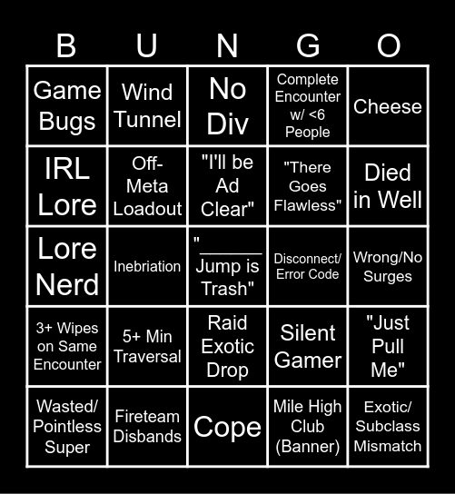 Destiny 2 Raid LFG Bingo Card