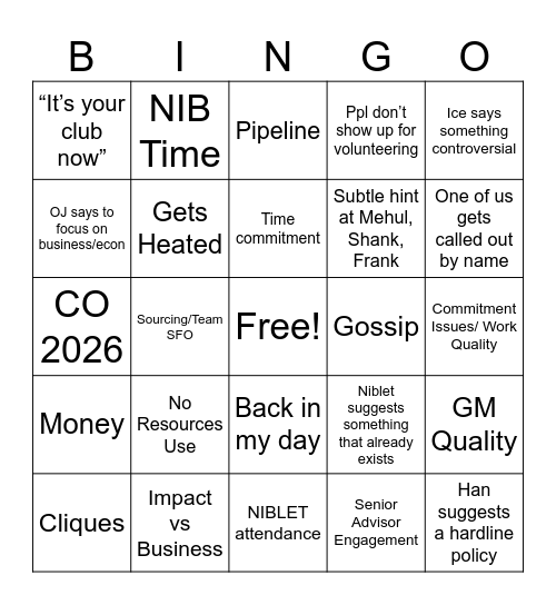 Townhall Bingo Card