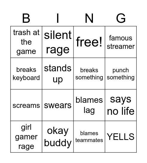 GAMER RAGE Bingo Card