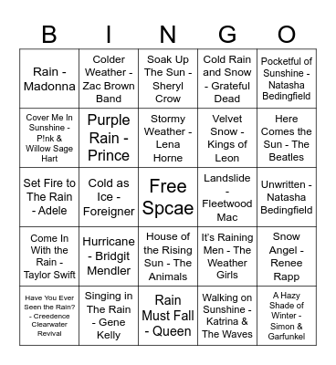 Weather MUSIC BINGO Card