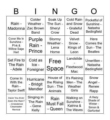 Weather MUSIC BINGO Card