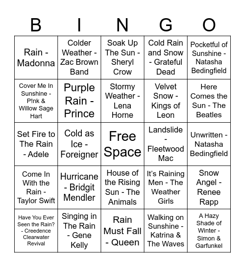 Weather MUSIC BINGO Card
