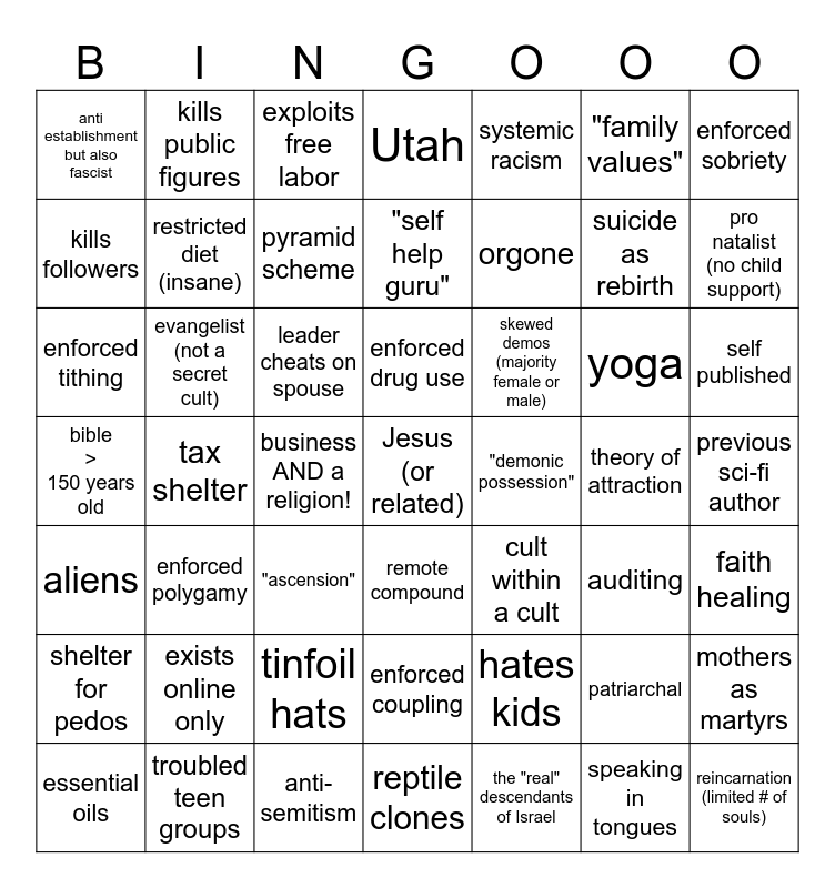 Weird Cult Stuff (that isnt in the BITE model) Bingo Card