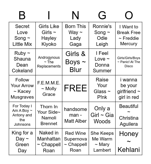 PRIDE MUSIC BINGO Card