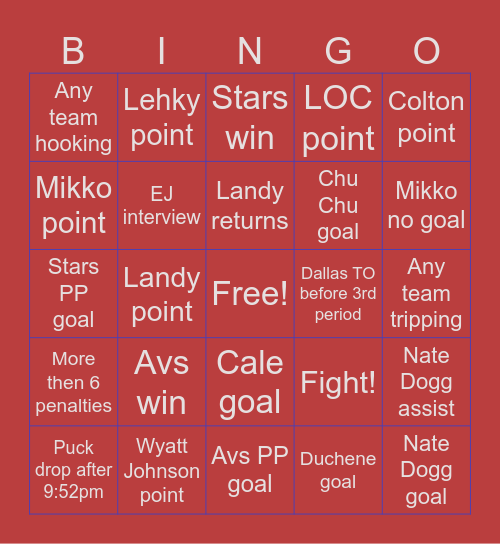 Avs-Stars: The Comeback Bingo Card
