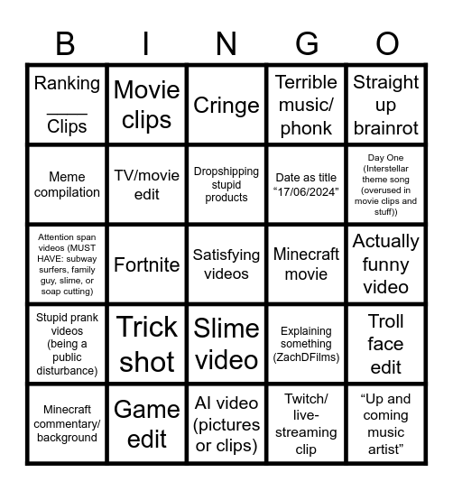 YouTube Shorts Bingo Card