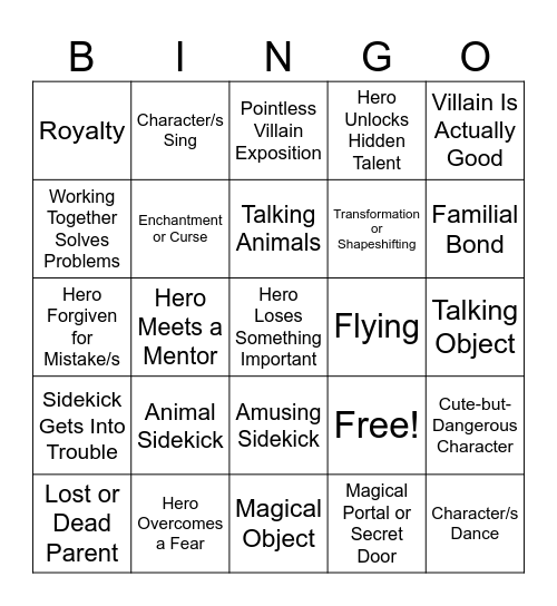 Children's Movie Tropes Bingo Card