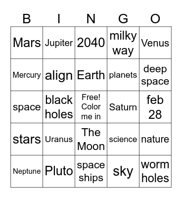 Planets Kinder Times Bingo Card