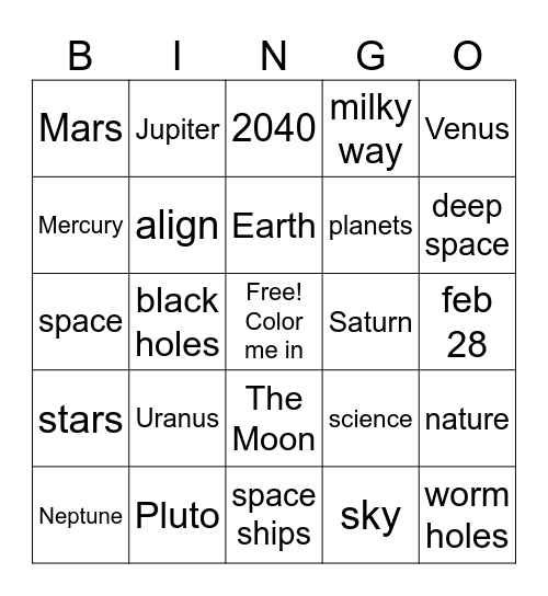 Planets Kinder Times Bingo Card